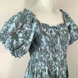 Light Blue Floral Smocked Puff Sleeve Dress